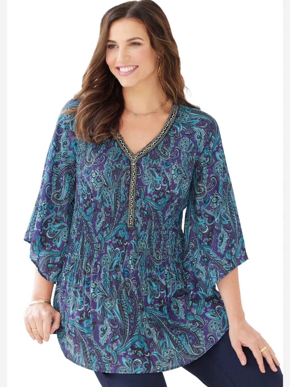 Catherines Teal & Purple Paisley V-Neck Jeweled Tunic size 6X